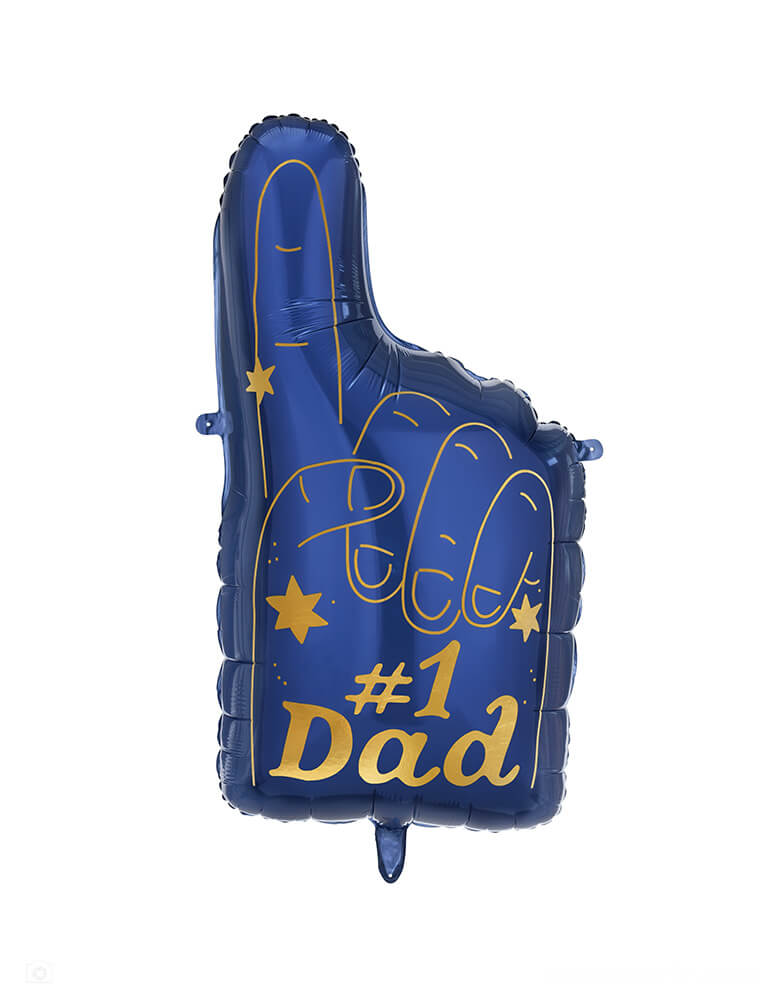 Momo Party's 34 x 18" blue #1 Dad Finger Shaped foil balloon by Party Deco, featuring gold foil accent, it's perfect for a special Father's Day celebration.