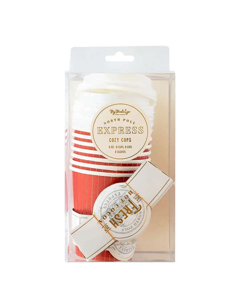 Momo Party's 8 oz North Pole Express cozy to-go cups in red and gold accents by My Mind's Eye in its packaging including the sleeves and lids. These train inspired cozy cups are perfect for your favorite warm beverage, these cups with gold accented paper sleeves are just what cocoa bar at a Christmas party inspired by your favorite Holiday tale needs. Or stay warm on chill winter nights full of carols and outdoor Christmas fun with these cozy cocoa cups.