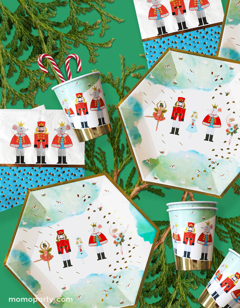 Crated party, Nutcracker themed Holiday Party with Nutcracker Holiday Party plates, napkins and Cups over a green background. with the characters of Nutcracker, lifelike characters and other popular Christmas elements, such as Xmas trees, candy canes for your holiday home celebration and your home and party