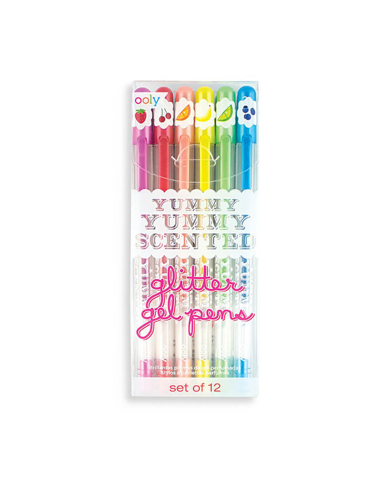 OOLY yummy yummy scented glitter gel pens. Set of 12 with Glittery Gel Ink and Fruity Scents. Each color sparkles with glitter and is scented with lime, banana, orange, cherry, strawberry, grape, green apple, blackberry, blueberry, watermelon, coconut, or pineapple