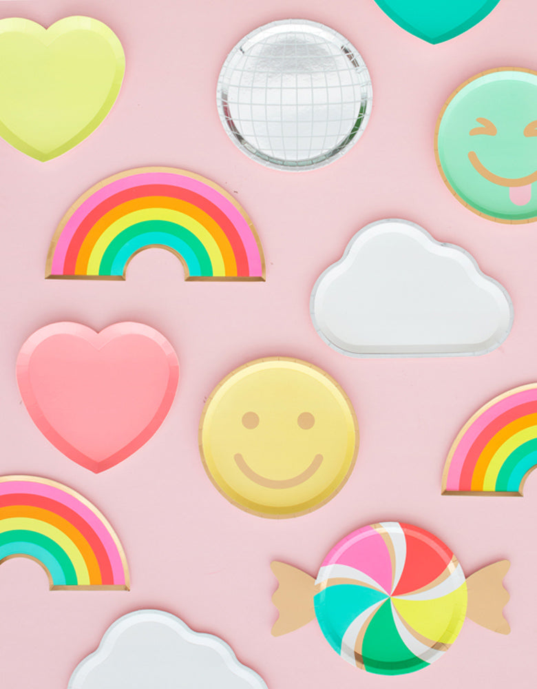 Oh Happy Day Rainbow Shaped Paper Plate, cloud shaped Plate and emoji paper plate