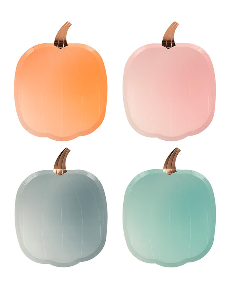 Meri Meri - Ombre Halloween Pumpkin Plates. Featuring 4 ombre shades, of orange, pink, mint and blue, and crafted from bright thick paper with shiny gold foil stalks. These pumpkin plates in 4 ombre shades, will look terrific for your fall themed celebration or Halloween party, they'll look magnificent served with snacks and treats.
