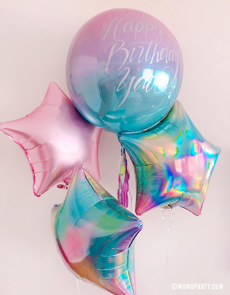 Dreamy birthday Pastel rainbow balloon boutique with Hand writing on Ombre Orbz Pastel Pink and Blue Foil Balloon, Junior Iridescent Pastel Rainbow Star Shaped Foil Balloons, and Junior Pastel Pink Satin Luxe Star Shaped Foil Balloon