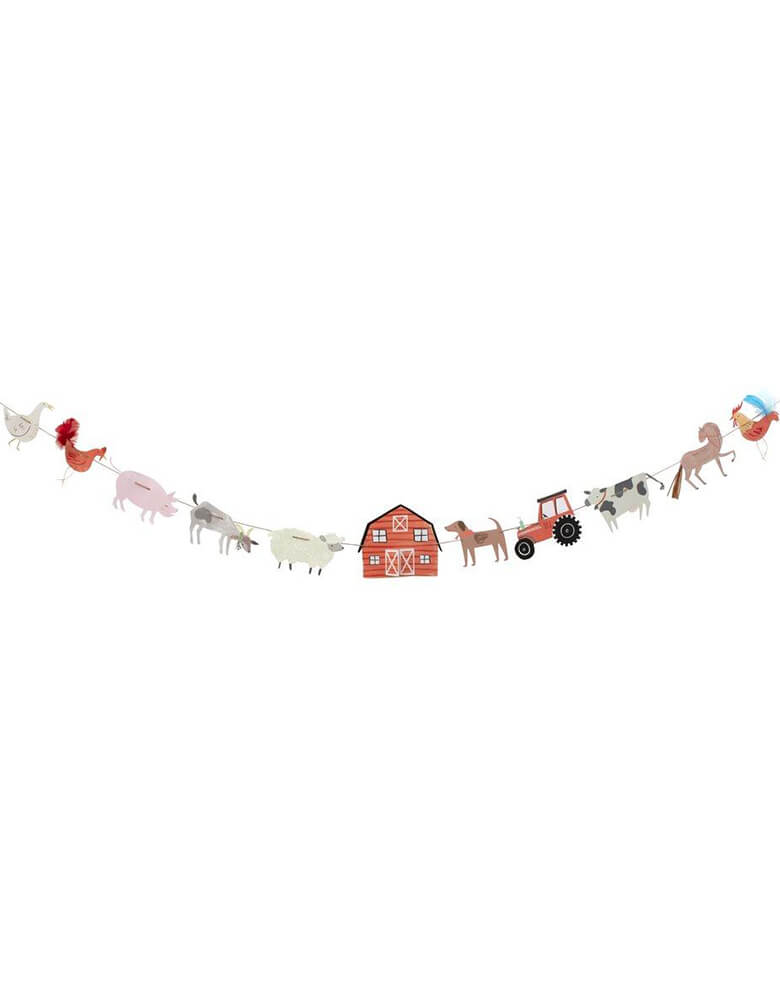 On The Farm Large Garland by Meri Meri,  featuring farm themed pennants including farm animals, a tractor, and a barn house