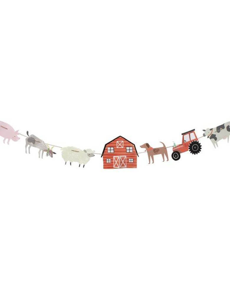 Meri Meri On The Farm Large Garland featuring farm themed pennants including farm animals, a tractor, and a barn house
