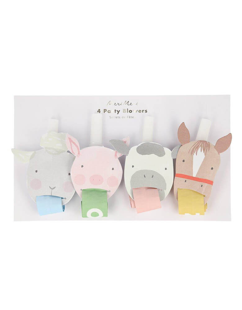 Meri Meri On the Farm Party Blowers with farm animal designs including a sheep, cow, horse and pig