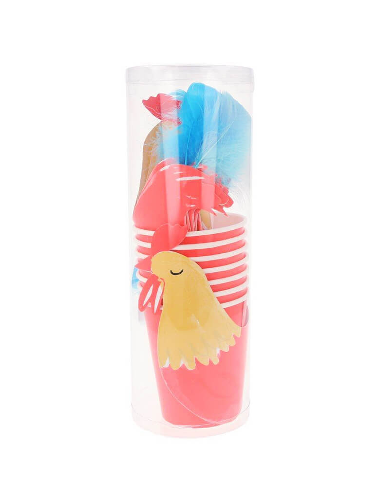 Meri Meri On The Farm Rooster Party Cups with a bright blue feather, pack of 8