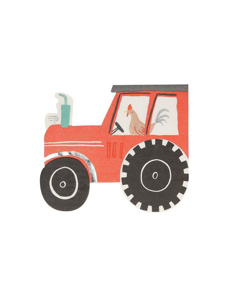 Meri Meri On The Farm Die-cut Tractor Napkins Featuring a large red tractor with a cheeky rooster at the wheel, pack of 16