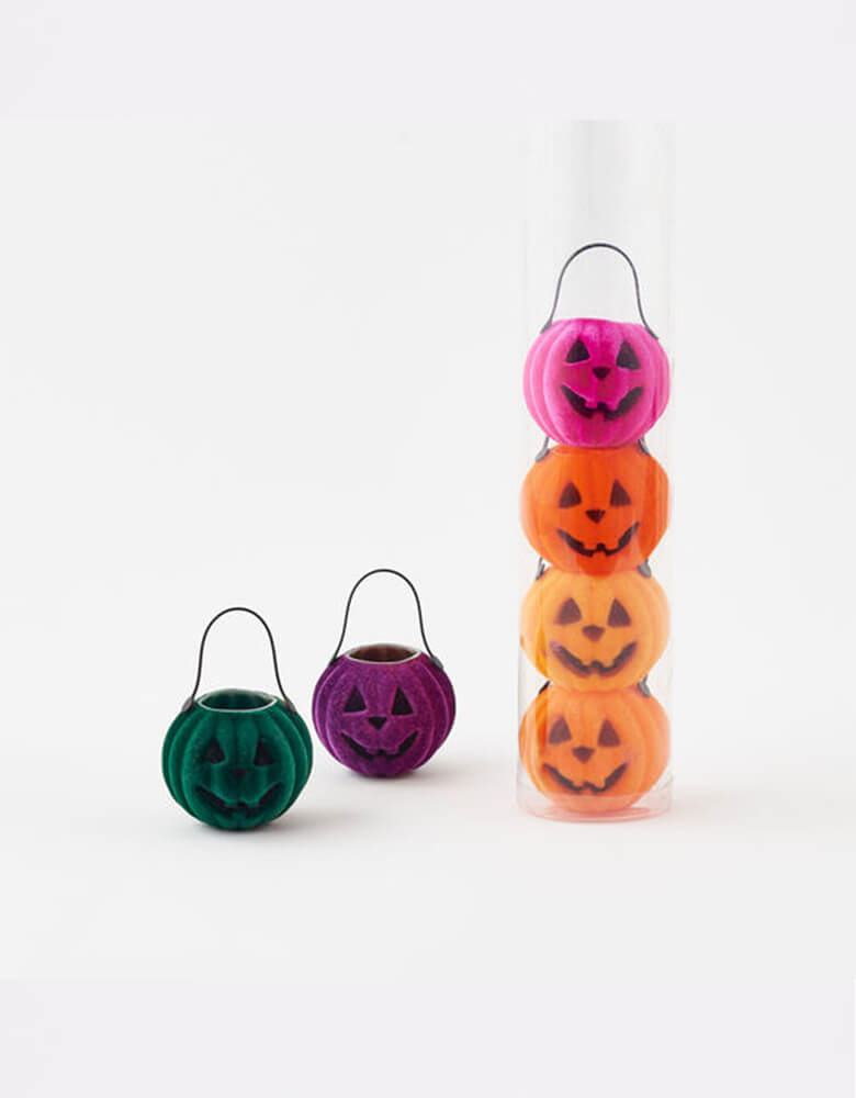 One Hundred 80 2.5" Flocked-jack o lantern Pumpkin-Baskets in 6 different colors, they add perfect decoration to your Halloween celebration and can be used year after year 