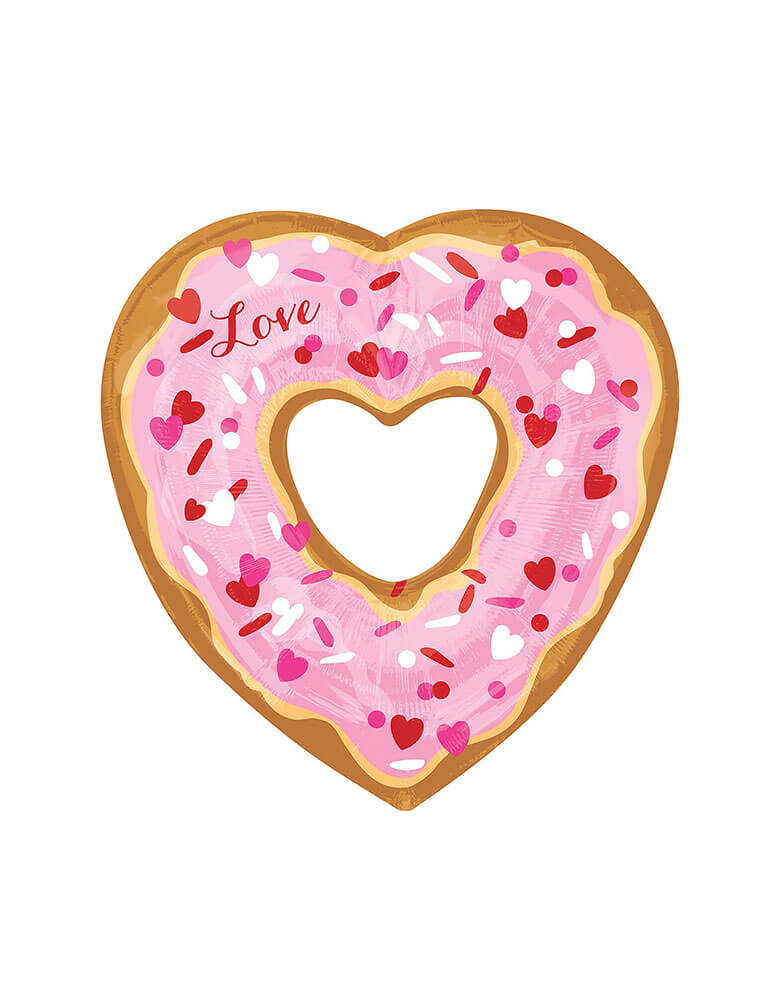 Anagram 26" Open-Heart-Donut-Foil-Balloon in pink sprinkles with love spelled on it for Valentine's Day