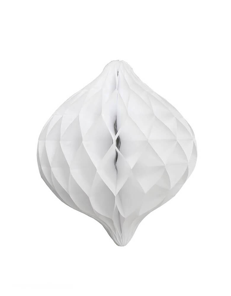 Devra Party Oval Spinning Top Honeycomb Ornament Decoration in White, 12 inch, feathering a pleasing oval design. Made in the USA with high quality tissue paper. This Honeycomb Ornament Decoration will look so adorable for your Holiday decoration at home or party event. Hang them from the ceiling, and pair them with honeycomb balls, diamonds, and drop shapes, Christmas balloons. This Honeycomb Ornament is perfect for your modern holiday Christmas event decor, table centerpiece, or room decor.  