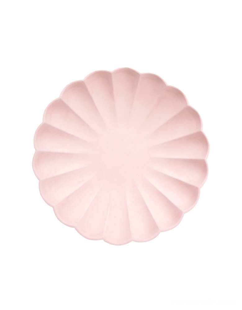 Meri Meri Pale Pink Simply Eco Small Plates. Pack of 8, made from natural materials. Crafted from pulp made from bamboo, wood fiber and sugarcane which is then dyed using water-based inks. They have a beautiful molded design with a stylish scalloped edge.
