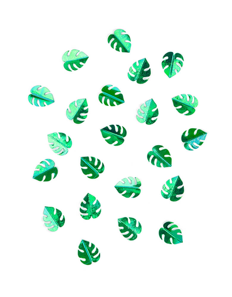 Party Deco Green Palm Leaf Confetti. This confetti features Palm leaf shape cutouts with green foil. Add some fun to your jungle, dinosaur or tropical themed party by spreading this set of palm leaf confetti in metallic green to your table! party supply accessories Sold by Momo party store provided modern party supplies, boutique party supplies, chic holiday party supplies and high end party supplies