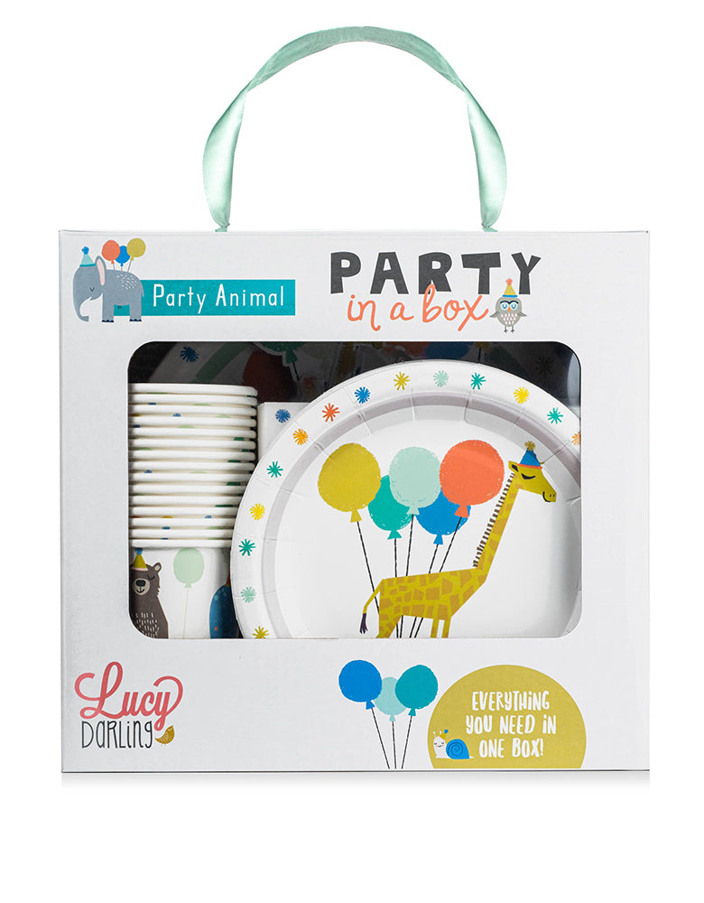 Lucy Darling Party Goods, Party-Animal-_Party-in-a-Box in its package. With this party animal themed party in a box, most everything you will need is all in one box! From paper plates, paper cups, to cake toppers, to banners, you'll find it all right here. This is a perfect party set for wild one themed birthday, animal themed birthday, zoo themed birthday or any even for a animal lover