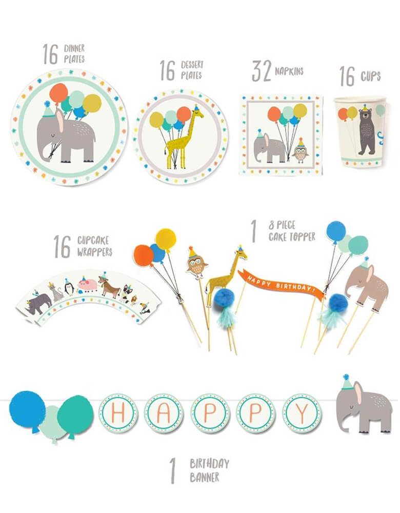 Lucy Darling Party-Animal-_Party-in-a-Box Item List including dinner plates, dessert plates, napkins, party cups, cupcake wrappers, cake toppers and birthday banner, this is a perfect party set for a 1st birthday, kids animal themed birthday, zoo themed birthday, elephant themed birthday