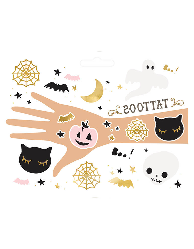 Party Deco's Boo! Halloween Temporary Tattoos featuring cute not-so-spooky kids friendly Halloween characters including a skull, two spider webs, two black cats, bats, moon, ghost and a pink pumpkin