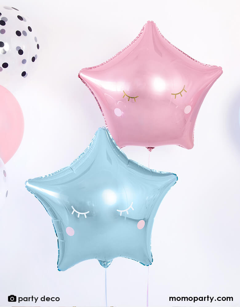 Two star shaped foil balloons, in blue and pink colors, both decorated with party Party-Deco's Little Star Stickers, they make great scene for a Gender Reveal party