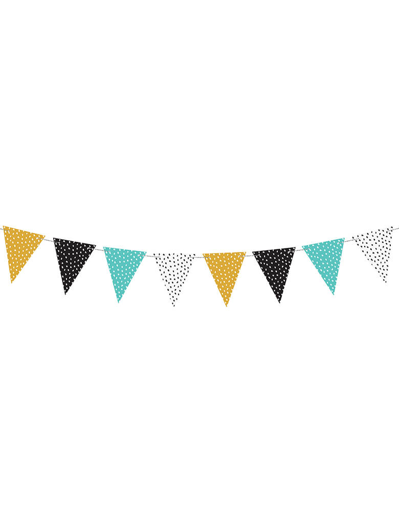 Party Deco - Dinosaurs Flags Garland. Set comes with 8 flag pennants, This DIY garland features 8 flags in Spotted dots in yellow, black, mint and white colors. This simple modern Dinosaur Party Flag Garland Bunting is perfect for Kids Party Decoration, Dinosaur Cactus Party Decorations, Dinosaur Decorations, Dinosaur Party.