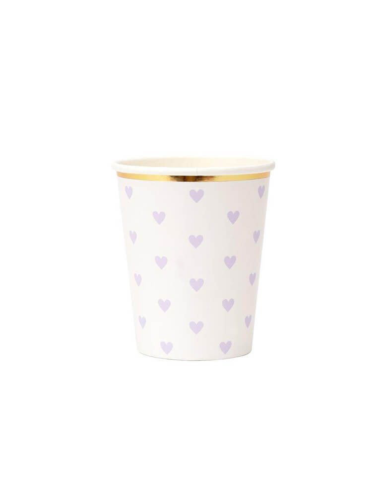 Meri Meri 9 oz Party Palette Heart Cup in lilac with heart pattern on them and gold foil edge