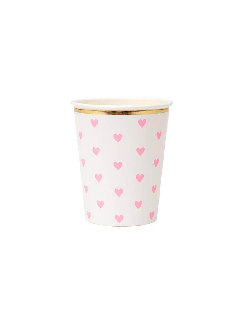 Meri Meri 9 oz Party Palette Heart Cup in pink with heart pattern on them and gold foil edge