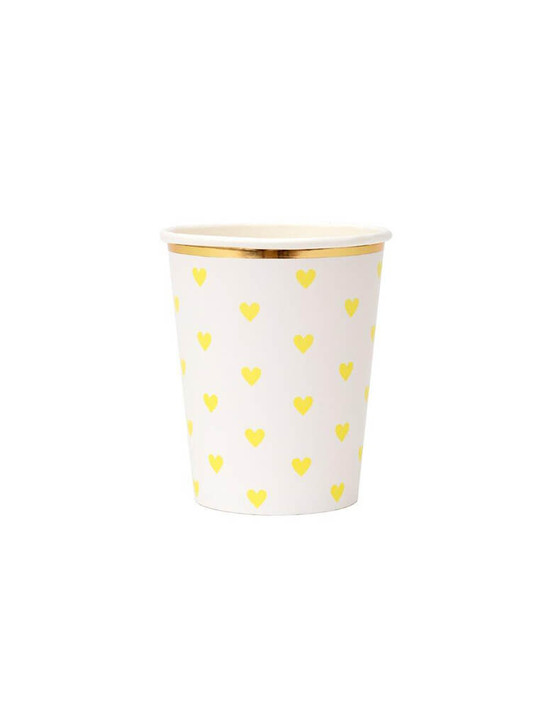 Meri Meri 9 oz Party Palette Heart Cup in yellow with heart pattern on them and gold foil edge