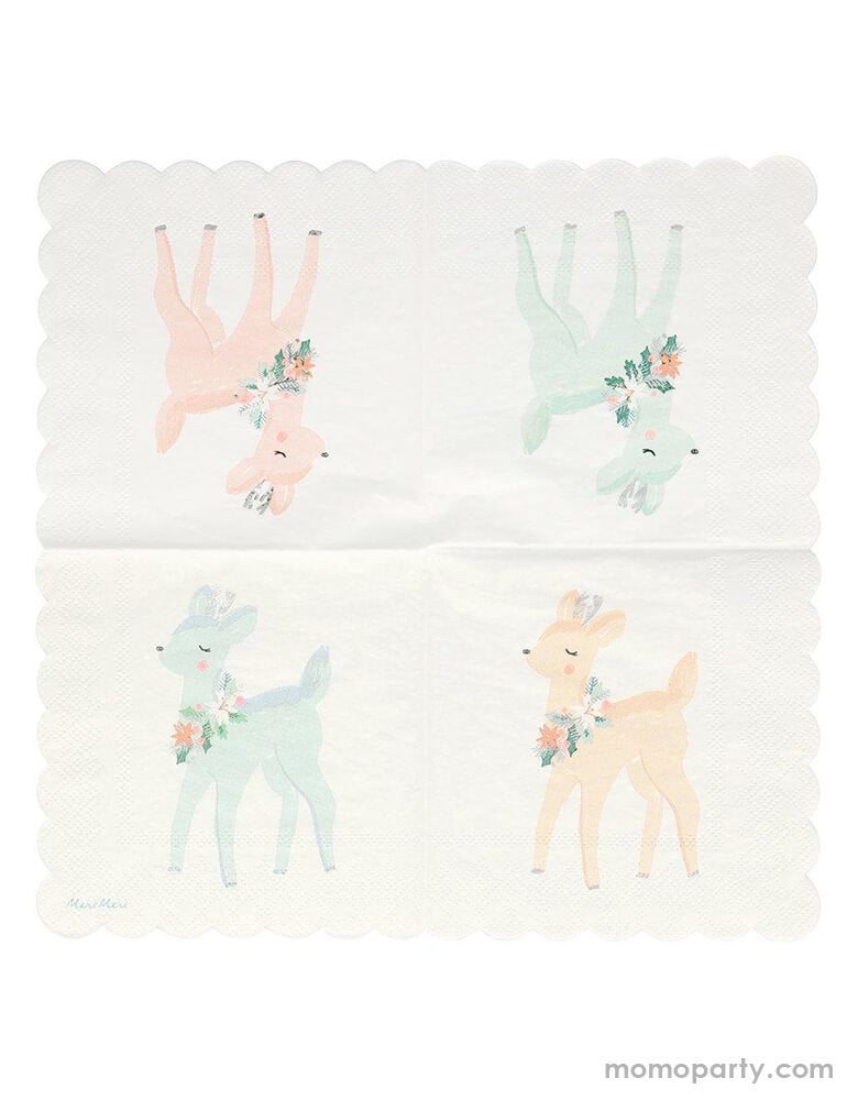 Open out of Meri Meri - Pastel Deer Napkins. ach napkin opens out to reveal 4 reindeer, in shades of blue and pink. These pastel deer napkins, embellished with gold foil detail, will add an adorable touch to your festive table. They are perfect if you're looking for different color choices to traditional reds and greens.