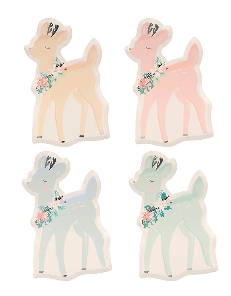 Meri Meri - Pastel Deer Plates. These cute deer shaped paper plates are crafted with stunning pastel colors and silver detail for a stylish effect with watercolor illustration with wreath  on their neck. Pack of 8 in 4 designs/colors. Made from eco-friendly paper. perfect for a dreamy holiday celebration