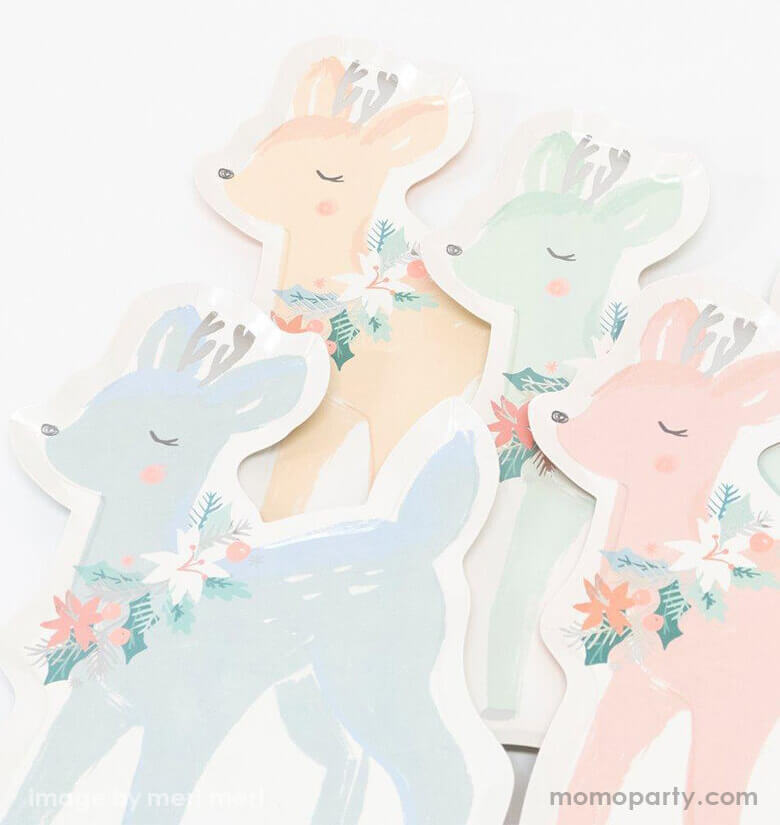 Meri Meri - Pastel Deer Plates. These cute deer shaped paper plates are crafted with stunning pastel colors and silver detail for a stylish effect with watercolor illustration with wreath on their neck. Pack of 8 in 4 designs/colors. Made from eco-friendly paper. perfect for a dreamy holiday celebration