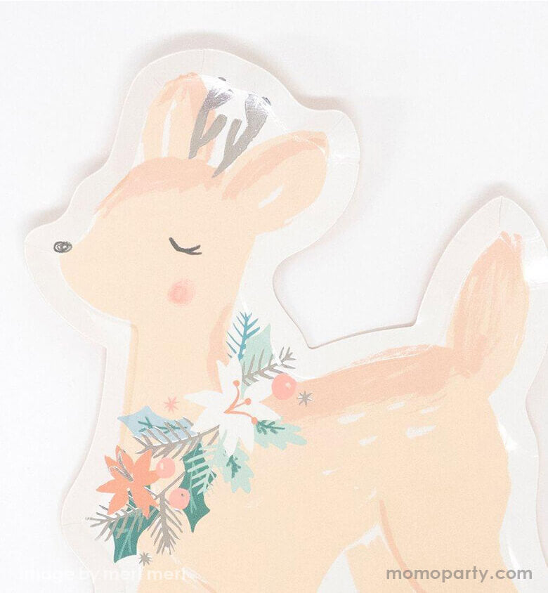 Close details of Meri Meri - Pastel Deer Plates. These cute deer shaped paper plates are crafted with stunning pastel colors and silver detail for a stylish effect with watercolor illustration with wreath on their neck.
