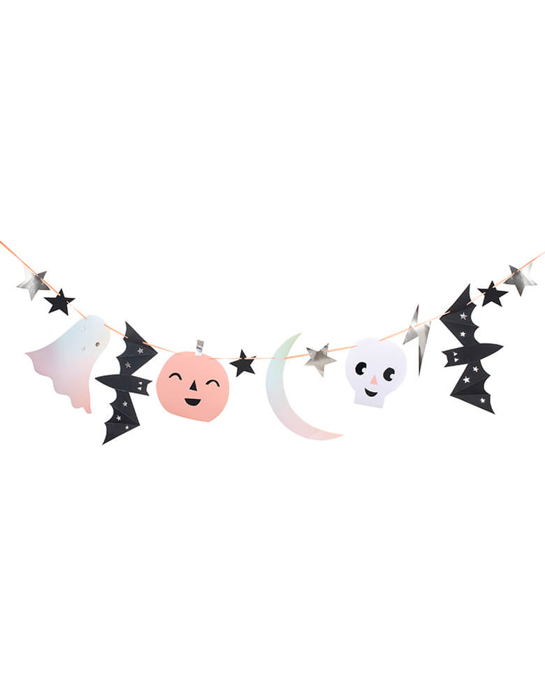 Meri Meri - Pastel Halloween Garland. Featuring all your favorite Halloween characters, including a ghost. a pumpkin, a bat and a skull, this large garland set makes an impressive Halloween decoration for your little ghouls and little monsters! 