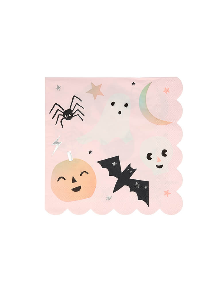 Meri Meri 216937 Pastel Halloween Large Napkins. Made from eco-friendly paper, They feature illustrations of classic Halloween icons including ghosts, a bat, a spider, a moon, and a smiling skull and pumpkin, and silver foil detail for a shiny effect. They are crafted from pastel pink 3-ply paper, so are both colorful and practical. They have shiny silver foil detail, The scalloped edge adds a special touch 