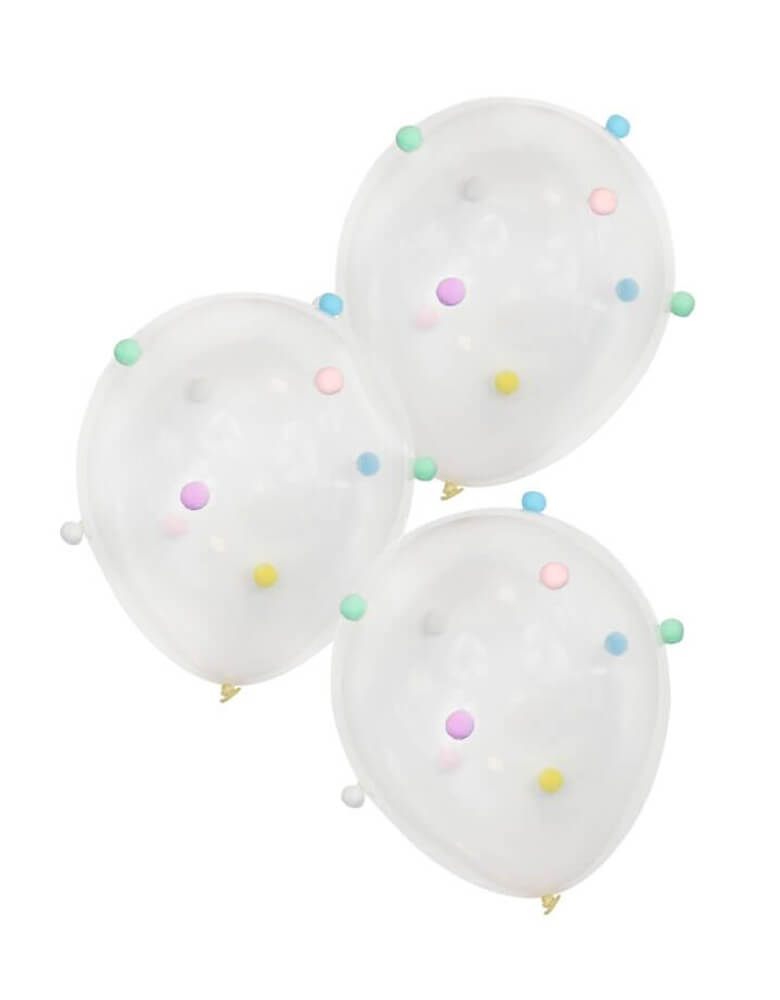 Ginger Ray - Pastel Pom Pom Balloon Mix. Featuring set of 5 clear latex balloon with Each pack includes 50 pom poms which can be stuck with glue dots included in pack.These fun and eye catching pom pom balloons will be a great addition to any venue and celebration. 