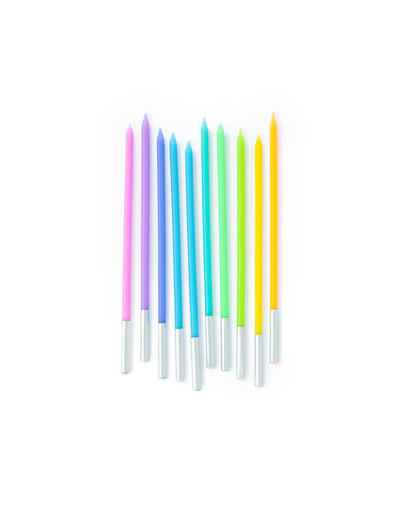 Pastel Rainbow Birthday Slim Candles in Pink, Purple, Blue, Light Blue, Green, Lime, Yellow and Orange colors for for any rainbow or unicorn themed celebrations