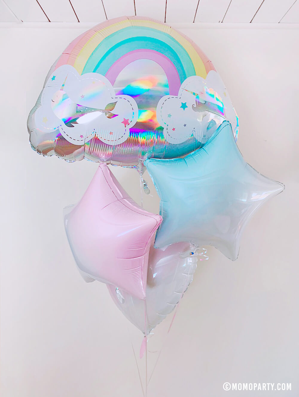 Anagram 28" Holographic Magical Rainbow Unicorn And Narwhal Foil Balloon with Party Brands 18" Junior Gradient Pastel Pink Star Shaped Foil Balloon and Party Brands 18" Junior Gradient Pastel Pink Heart Shaped Foil Balloon and Party Brands 18" Junior Gradient Pastel Blue Star Shaped Foil Balloon, a pastel-colored bouquet for the ultimate dreamy, shine and sparkle, An amazing way to decorate a modern pastel rainbow themed party, unicorn birthday, party for girls or celebrate someone special!