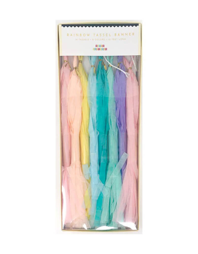 Momo Party's Pastel Rainbow Tassel Banner by Party Partners. This beautiful pastel This tassel banner kit includes 16 pre-strung, pre-made 10" tassels banner in rainbow colors is an eye-catching decoration for any celebration. It's perfect for a rainbow themed or any girly party!