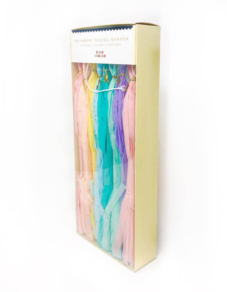 Momo Party's Pastel Rainbow Tassel Banner by Party Partners. This beautiful pastel This tassel banner kit includes 16 pre-strung, pre-made 10" tassels banner in rainbow colors is an eye-catching decoration for any celebration. It's perfect for a rainbow themed or any girly party!