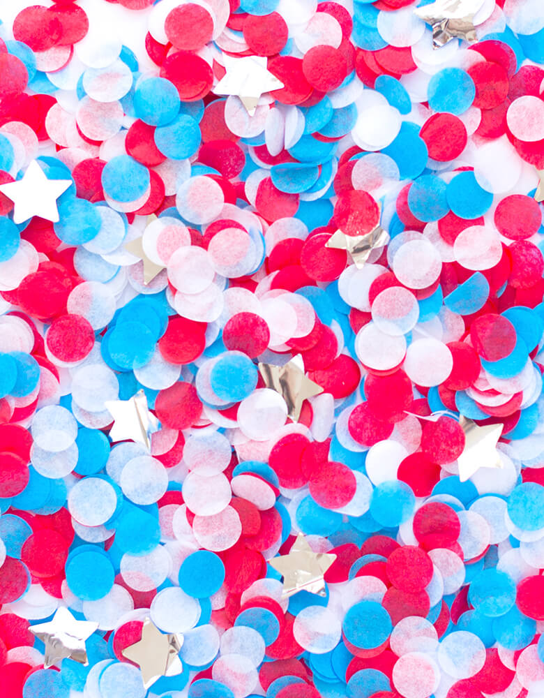 Studio Pep - Patriotic Artisan Confetti. 5" circles with Blue, Red and White tissue paper and silver stars. Fully separated and pressed from American made tissue paper for the most beautiful colors. A perfect combination of red, white, blue and silver stars, this bag of confetti is perfect for your patriotic celebration, 4th of July party