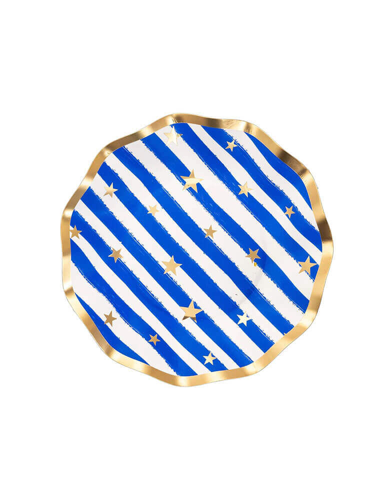 Sophistplate 6.5"  Wavy Patriotic-Blue striped-Gold-Confetti-Appetizer-Dessert-Bowls with gold star patterns and gold trim, perfect for a fourth of July BBQ party this summer!