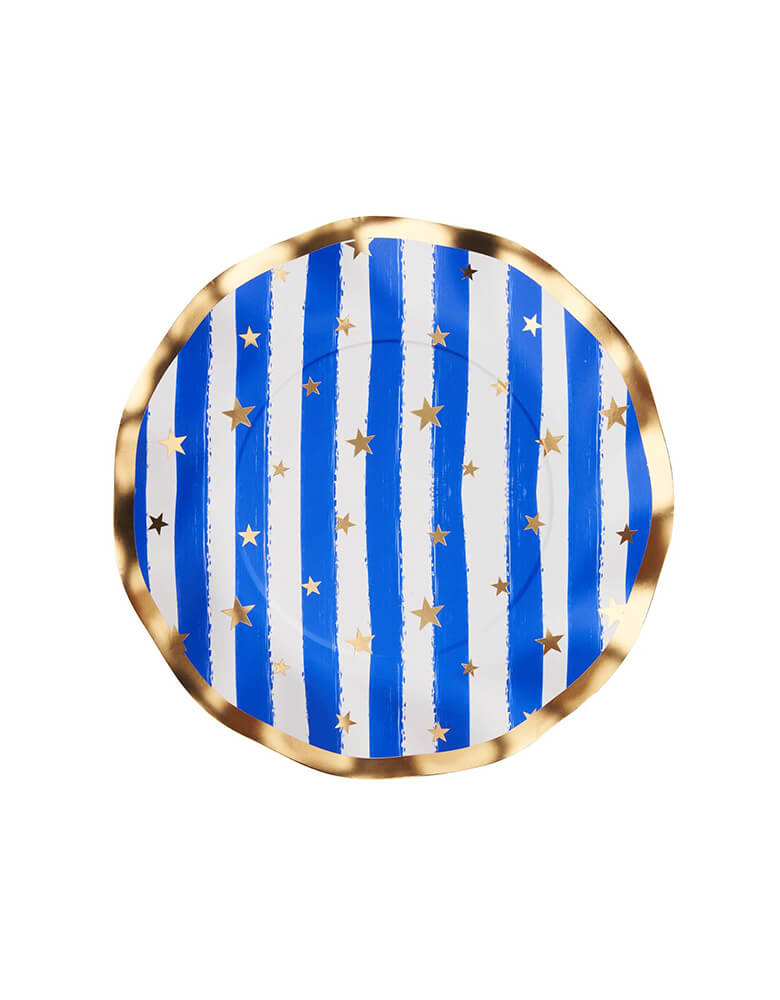 Sophistiplate 8" Waving patriotic blue and gold confetti side plates featuring gold star pattern and ruffled edge plates, showing off stripes of the American Flag, a perfect tableware for that summer Fourth of July BBQ party! 