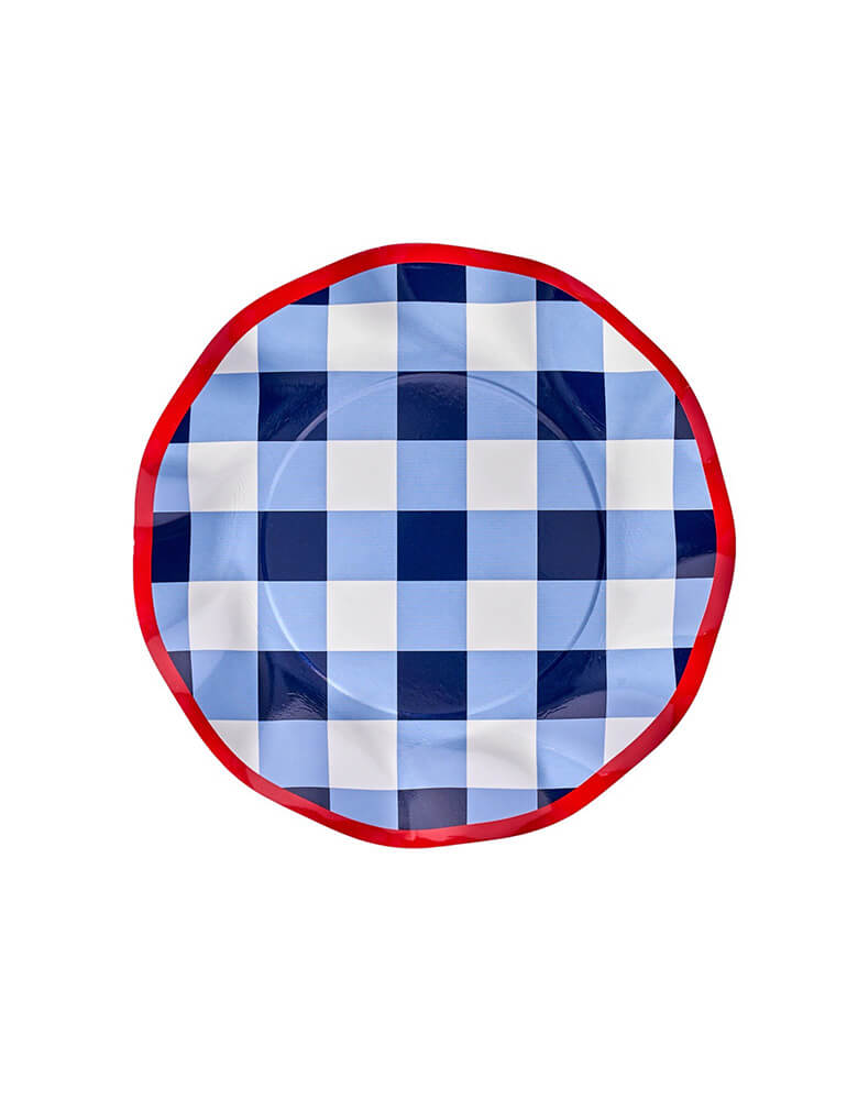 Sophistiplate 8" Wavy Patriotic Blue Gingham Side Plates with red trim, perfect for a fourth of july BBQ party