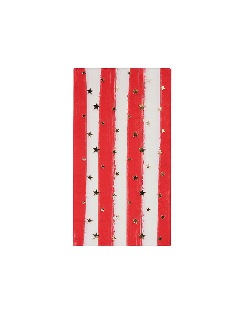 Sophistiplate patriotic red striped and gold confetti guest towels featuring gold star pattern, showing off stripes of the American Flag, a perfect tableware for that summer Fourth of July BBQ party! 