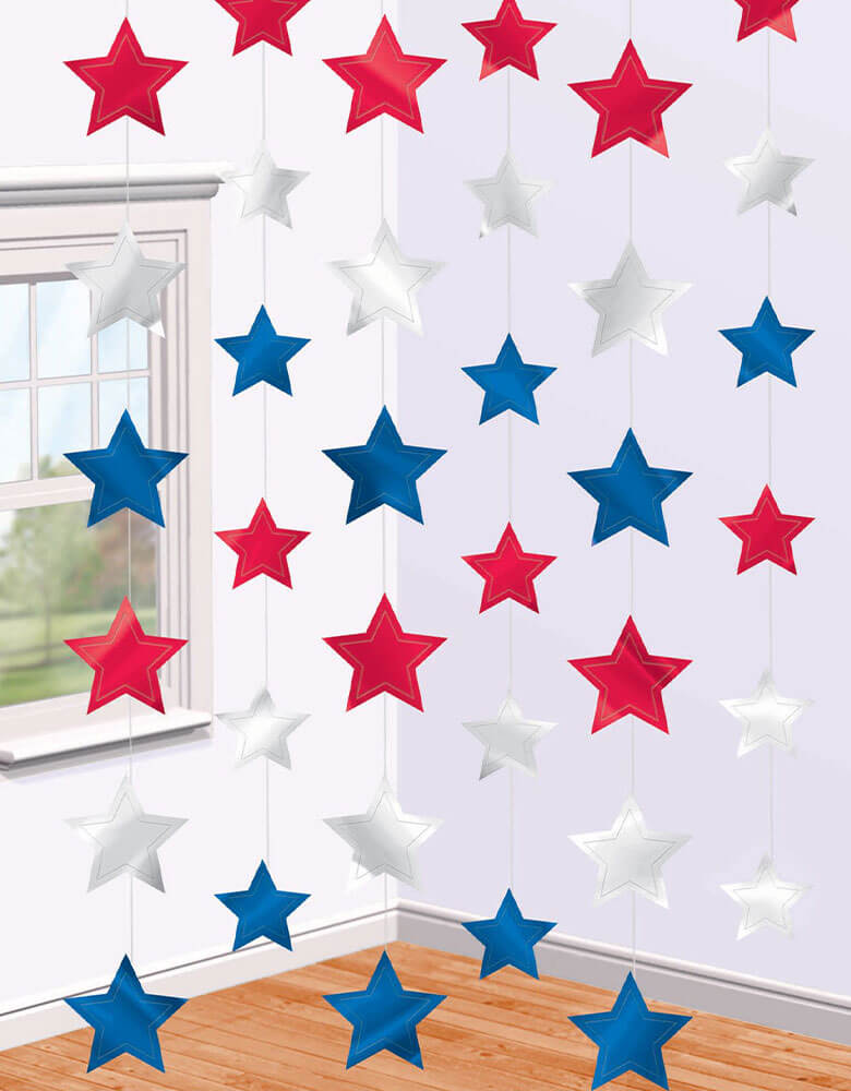 Patriotic 7' Star String Decorations in red blue and white for a 4th of July celebration
