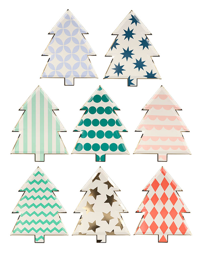 Meri Meri  - Patterned Christmas Tree Plates. This pack of tree shaped plates feature different designs and colors on each and a shiny gold foil border for a stylish touch. These Christmas trees paper plates are a fabulous design for festive party tableware