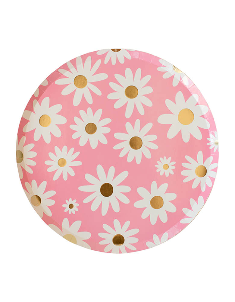 Momo party"s Peace & Love Daisy Dinner Plates by Jollity&co. Featuring a pink paper plates with white daisy and gold foil prints. Between peace, love, and daisy designs the options to mix and match these retro-chic pieces are endless.