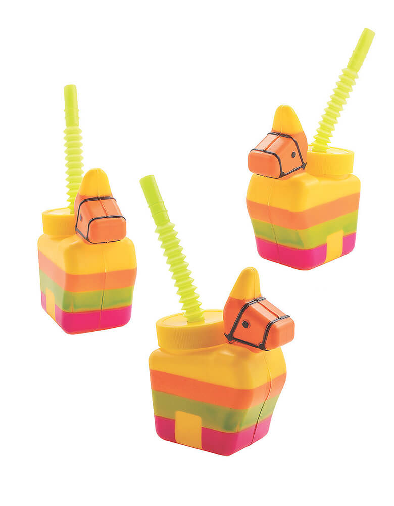 Piñata Donkey Cup by Fun Express. This donkey piñata shaped cup has a lid and green straw, making it easier to avoid spills