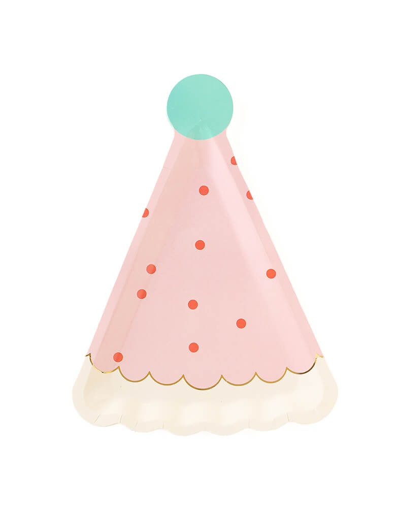 My Mind's Eye pink Birthday Hat die-cup Shaped Plates with cute polka dot design with gold foil accent, a perfect size to serve birthday cake with!