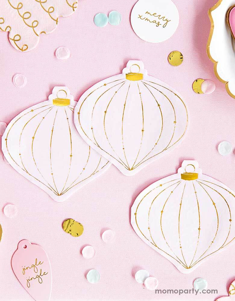 Pink-Christmas-Ideas-by Momo Party with Party Deco Christmas Ornament-Napkins-on a Pink background with festive pastel and gold confetti 