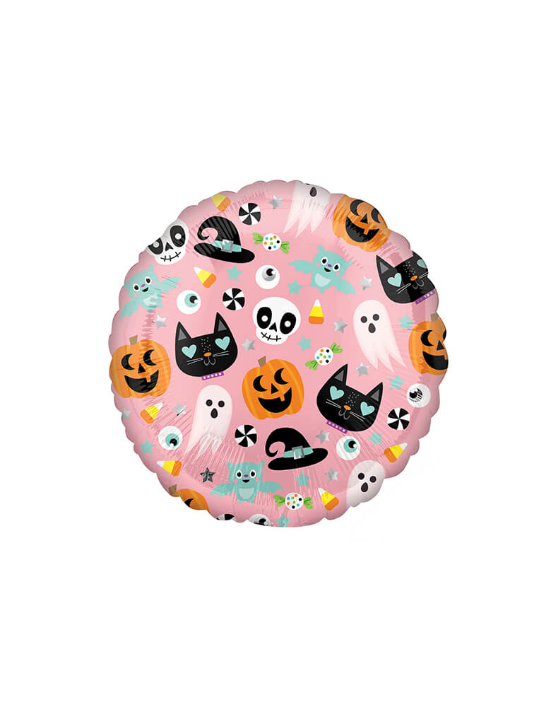 Anagram Balloons - 39993 Fun Halloween Icons Standard HX® S40. This 18 inches pink Halloween icons foil balloon is simply adorable! Featuring Halloween icons including black cats, ghosts, pumpkins and bats, this balloon is perfect for your pink or pastel themed Halloween celebration!