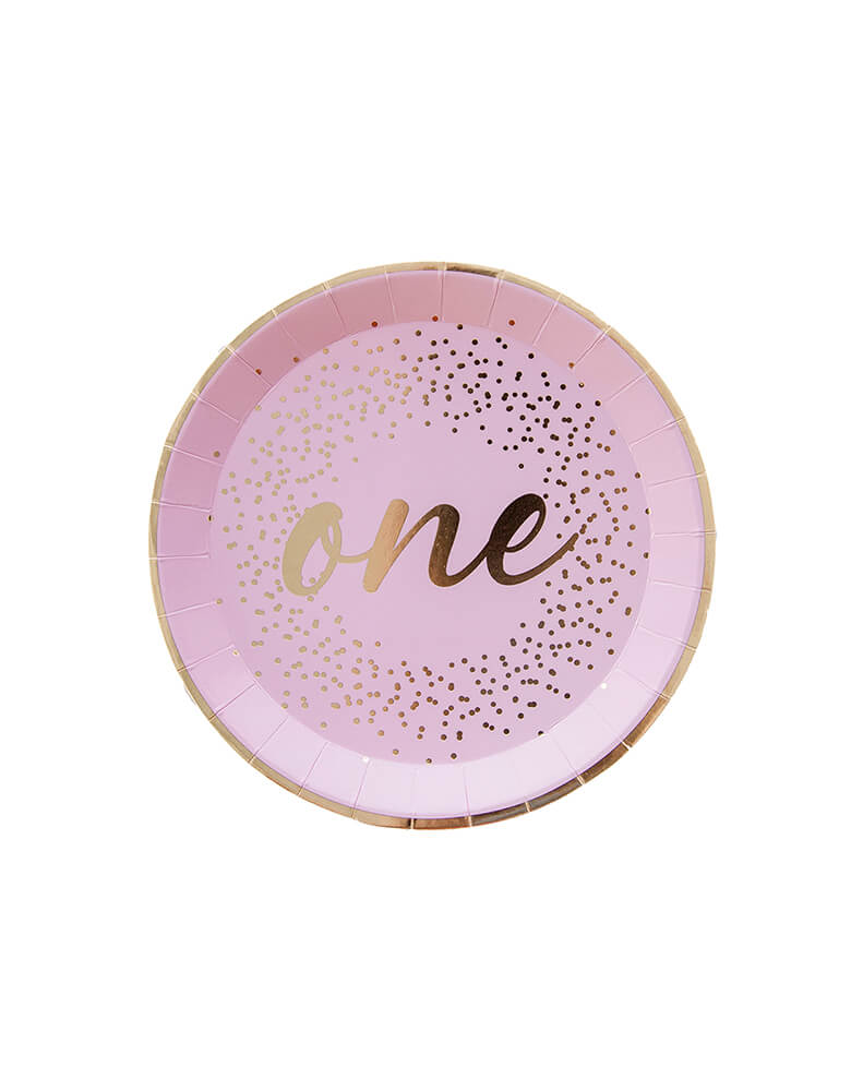 Jollity 7-inch onederland pink round dessert plate with gold script "one" on it and gold foil confetti illustration around it, perfect for baby girl's princess themed or pink themed first birthday party celebration!