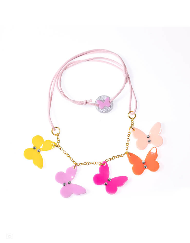 Lilies & Roses Pink Shades Butterfly Necklace in acrylic materials with 5 different shade of pink including blush, coral, hot pink, pastel pink and yellow, perfect for a butterfly themed party gift or girls who likes Disney Encanto